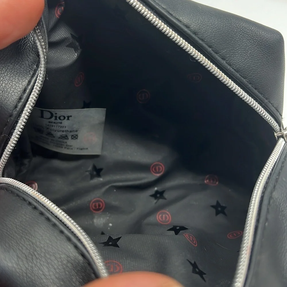 Dior Christian Dior Vegan Black Leather Zip Cosmetic Clutch Pouch